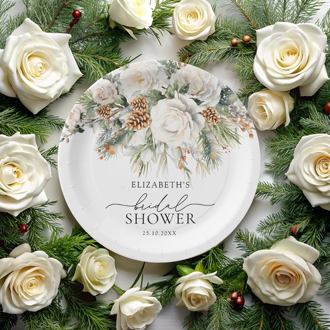 Evergreen Winter Floral Bridal Shower Paper Plates (Creator Uploaded)