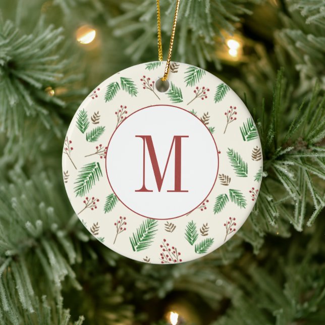 Evergreen Winter Floral Initial Monogram Christmas Ceramic Ornament (Tree)