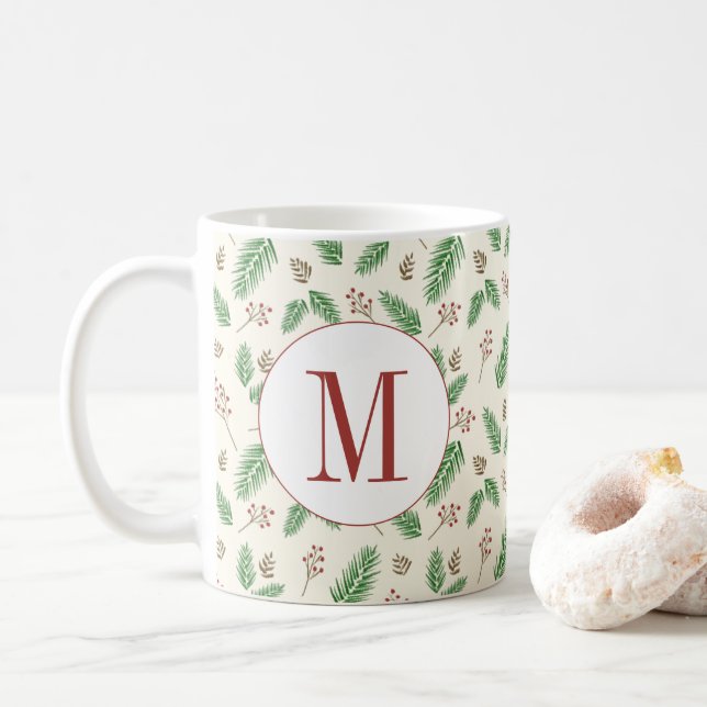 Evergreen Winter Floral Initial Monogram Christmas Coffee Mug (With Donut)
