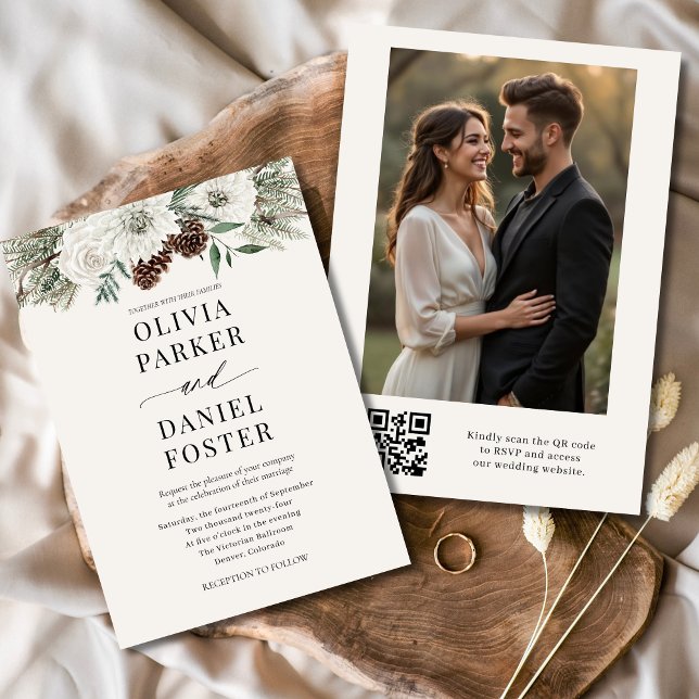 Evergreen Winter Photo QR Code Elegant Wedding Invitation (Creator Uploaded)