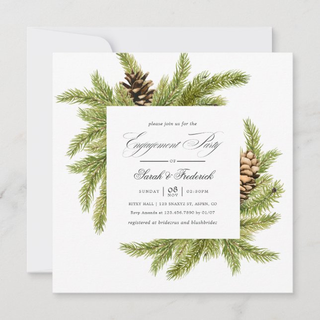 Evergreen Winter Pines Holiday Engagement Party Invitation (Front)