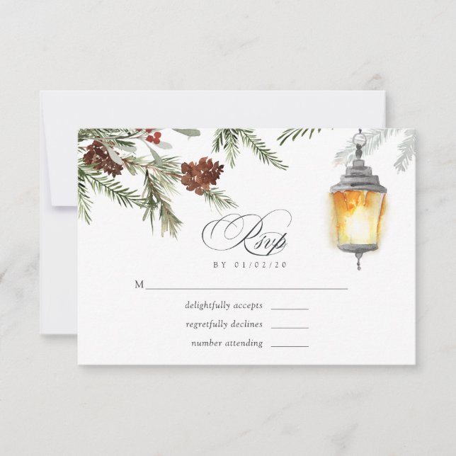 Evergreen - Wintertide Woodland Christmas Wedding RSVP Card (Front)