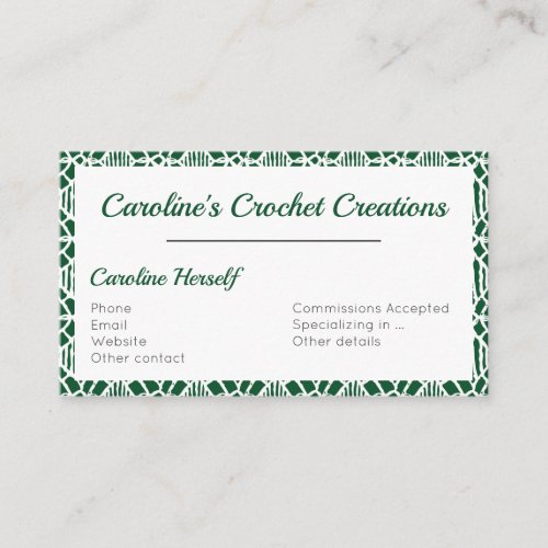 Evergreen With White Crochet Lace Pattern Business Card