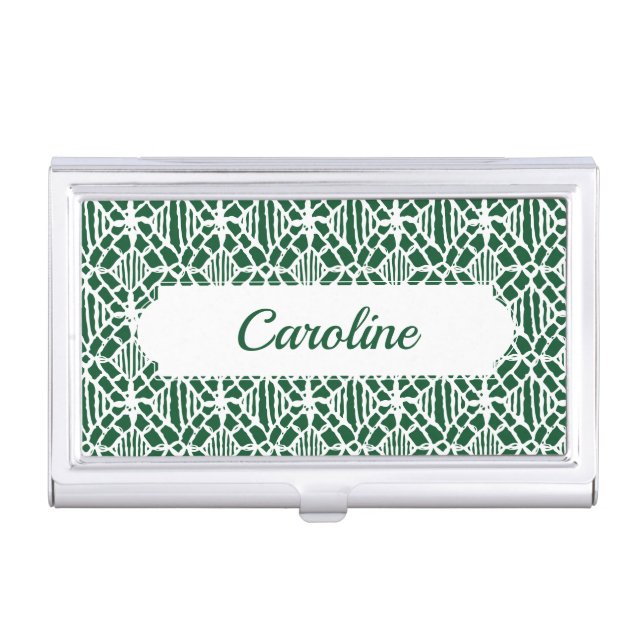 Evergreen With White Crochet Lace Pattern Business Card Case (Front)