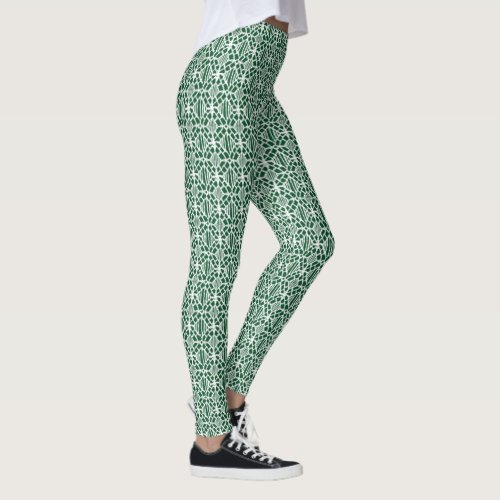 Evergreen With White Crochet Lace Pattern Leggings