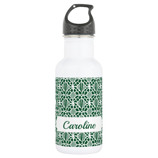 Evergreen With White Crochet Lace Pattern Stainless Steel Water Bottle (Front)