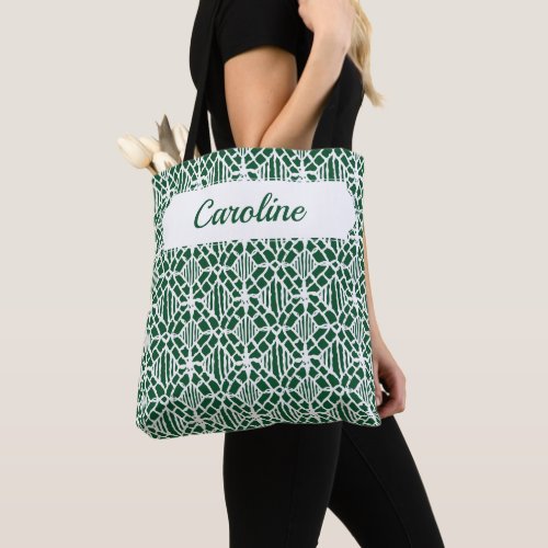 Evergreen With White Crochet Lace Pattern Tote Bag