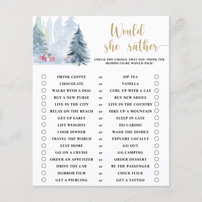 Evergreen - Would she rather - baby shower game (Front)