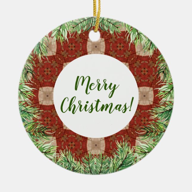 Evergreen Wreath And Red Pattern Ceramic Ornament (Front)