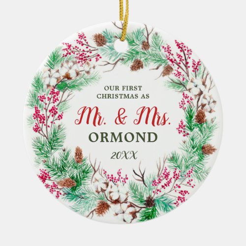 Evergreen Wreath Newlyweds 1st Christmas Mr Mrs Ceramic Ornament