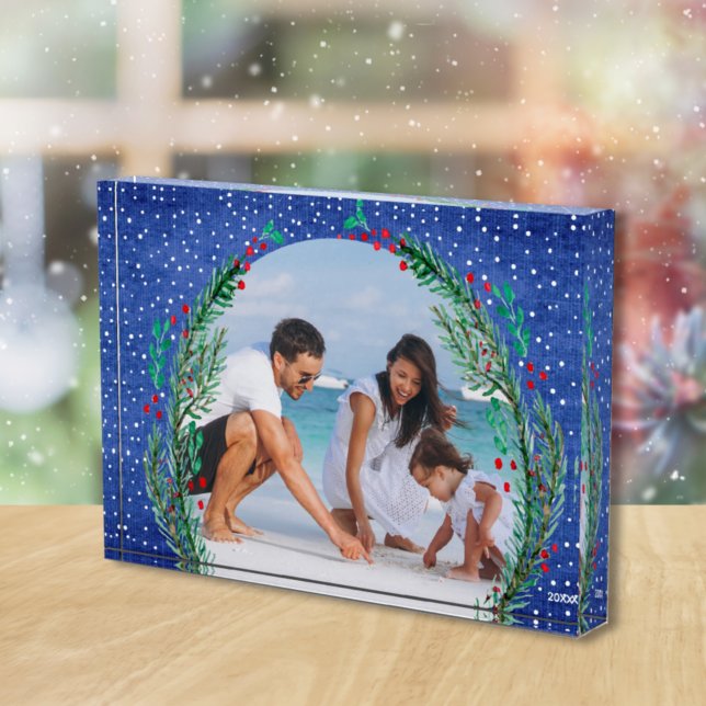 Evergreen Wreath on Blue Christmas Photo Block (Creator Uploaded)