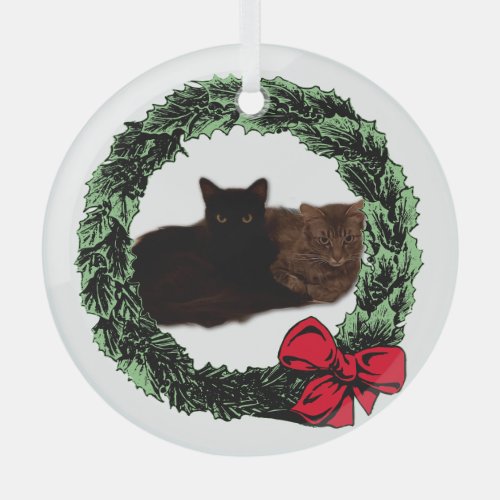  Evergreen Wreath with Red Bow Frame  Cats Photo Glass Ornament