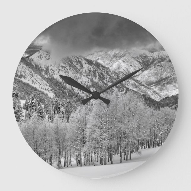 Evergreens and Aspen trees in a snow storm Large Clock (Front)