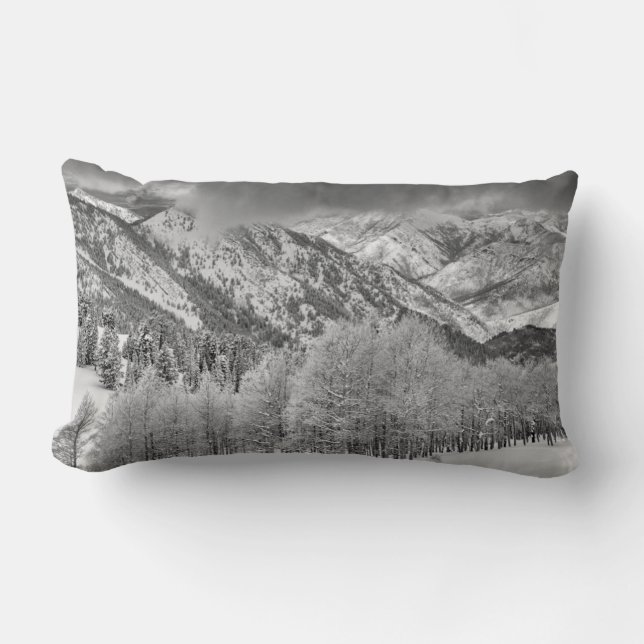 Evergreens and Aspen trees in a snow storm Lumbar Pillow (Front)