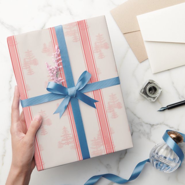 Evergreens and Flour Sack Stripe on Coral Pink Wrapping Paper (Gifting)