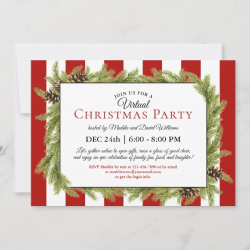Evergreens and Stripes Virtual Christmas Party Invitation