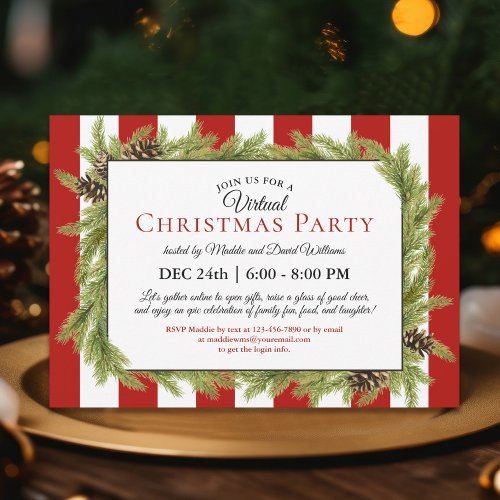 Evergreens and Stripes Virtual Christmas Party Invitation