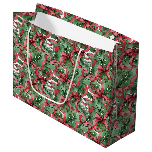 Evergreens Holly and Red Ribbons Large Gift Bag (Front Angled)