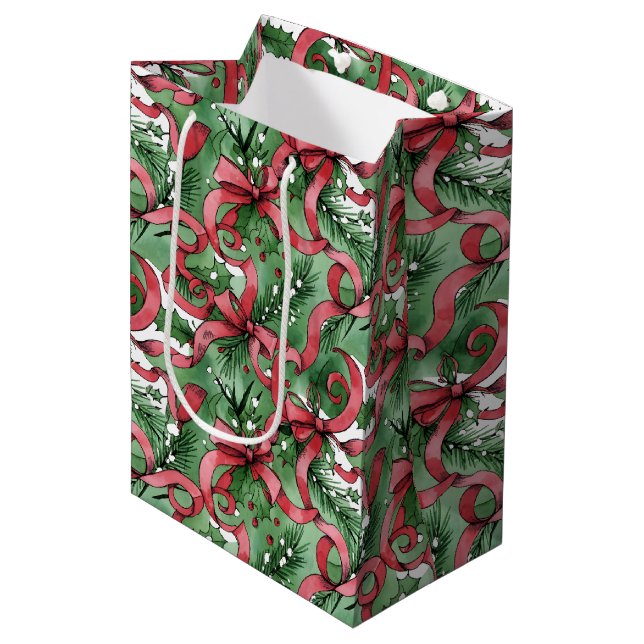 Evergreens Holly and Red Ribbons Medium Gift Bag (Front Angled)