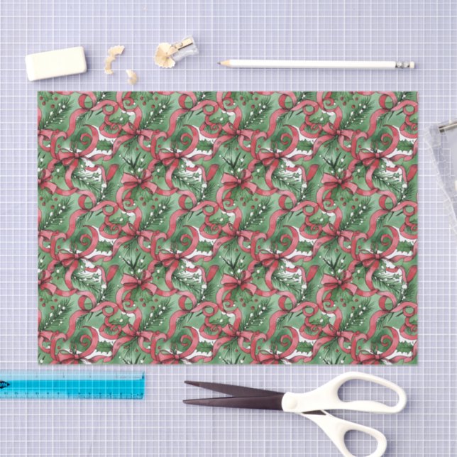 Evergreens Holly and Red Ribbons Tissue Paper (Craft)