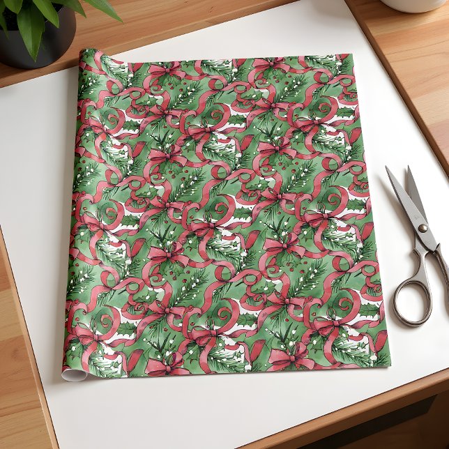 Evergreens Holly and Red Ribbons Wrapping Paper (Creator Uploaded)