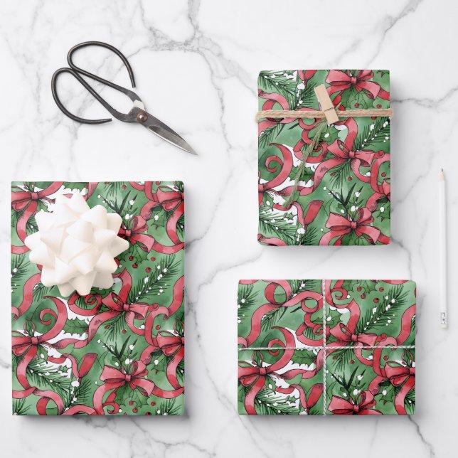 Evergreens Holly and Red Ribbons Wrapping Paper Sheets (Front)