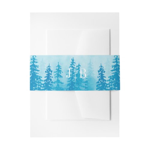 Evergreens in Forest Fog Mountain Monogram Blue Invitation Belly Band