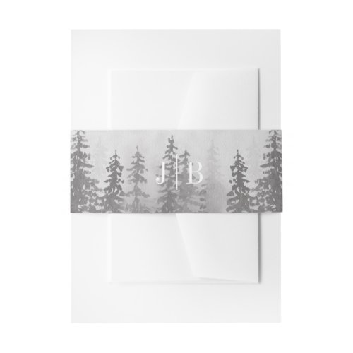 Evergreens in Forest Fog Mountain Monogram Gray Invitation Belly Band