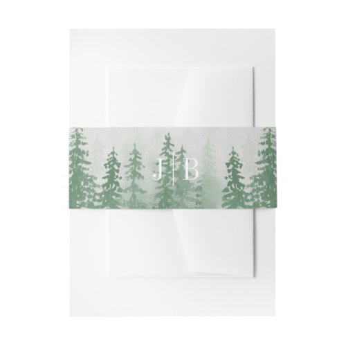 Evergreens in Forest Fog Mountain Monogram Green Invitation Belly Band