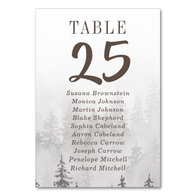 Evergreens in the Fog Forest Gray Guest Names Table Number (Front)