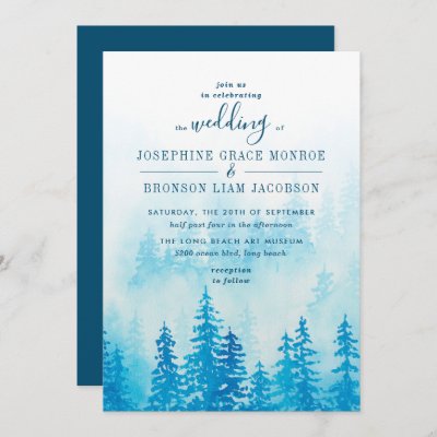 Evergreens in the Fog Forest in Blue Wedding Invitation