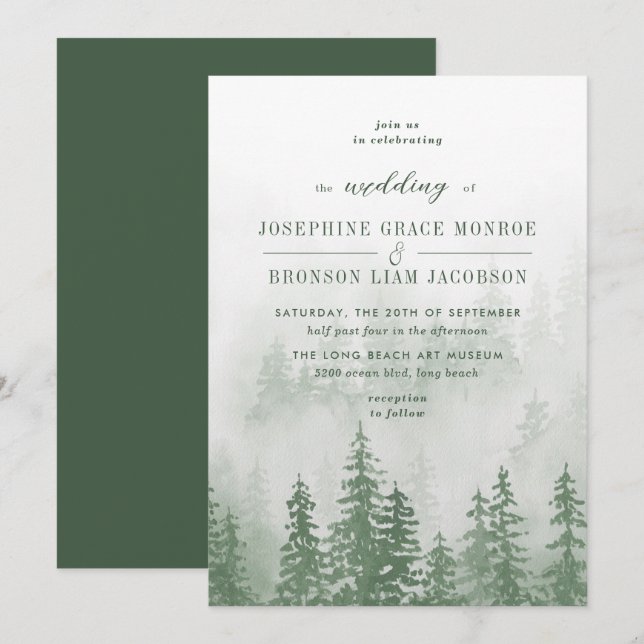 Evergreens in the Fog Forest in Green Wedding Invitation (Front/Back)