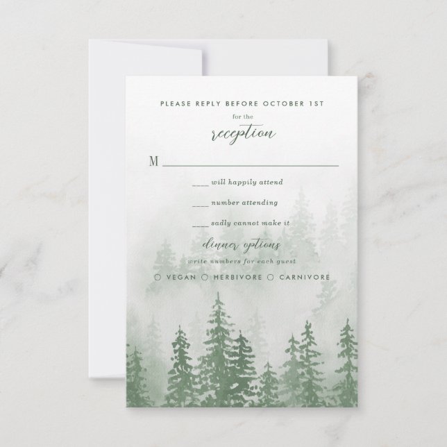 Evergreens in the Fog Forest in Green Wedding RSVP Card (Front)