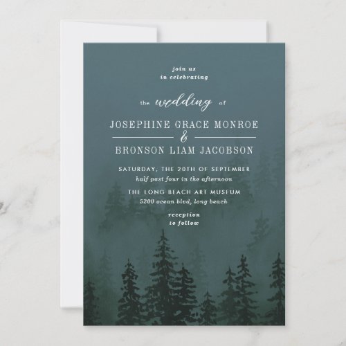Evergreens in the Foggy Forest Slate Blue Wedding Invitation