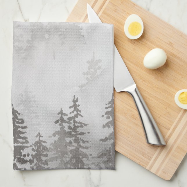Evergreens in the Forest Foggy Mountain in Gray Kitchen Towel (Quarter Fold)