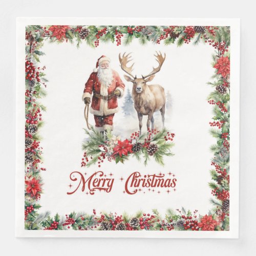Everlasting illustration at Santa with reindeer Paper Dinner Napkins