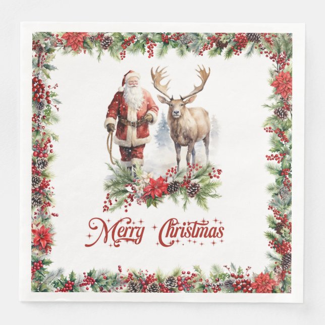 Everlasting illustration at Santa with reindeer Paper Dinner Napkins (Front)