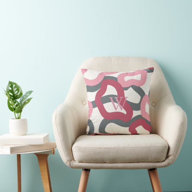 Everlasting Pink Grey Red Monogrammed  Throw Pillow (Chair)