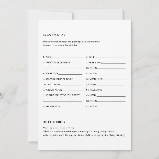 EVERLEIGH Baby Shower Libs, Fill in the Blank Game Invitation Zazzle