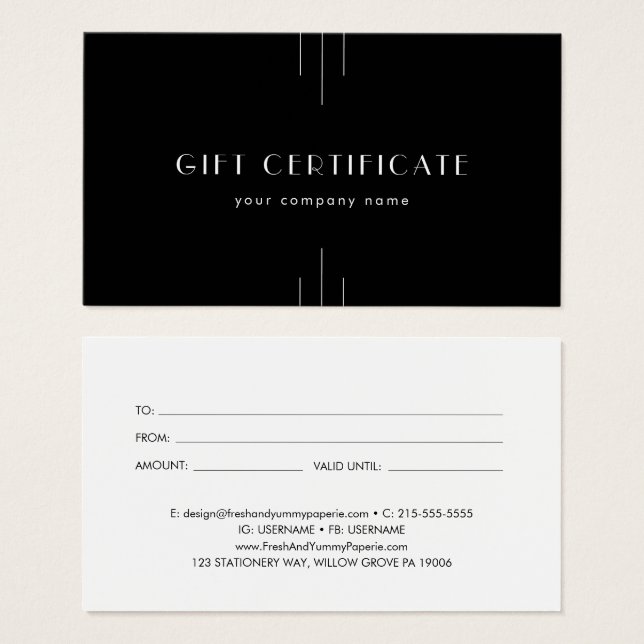 EVERLY Art Deco Black Business Gift Certificate (Front & Back)