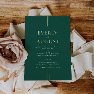 EVERLY Art Deco Emerald Green & Gold Foil Wedding Invitation