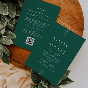 EVERLY Art Deco Emerald Green QR Code Wedding Invitation