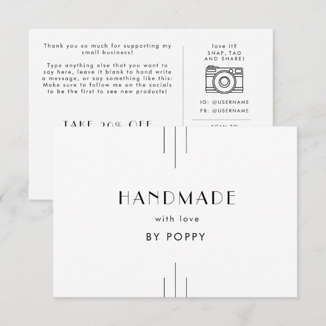 EVERLY Art Deco Handmade with Love Thank You Order Enclosure Card (Front/Back)