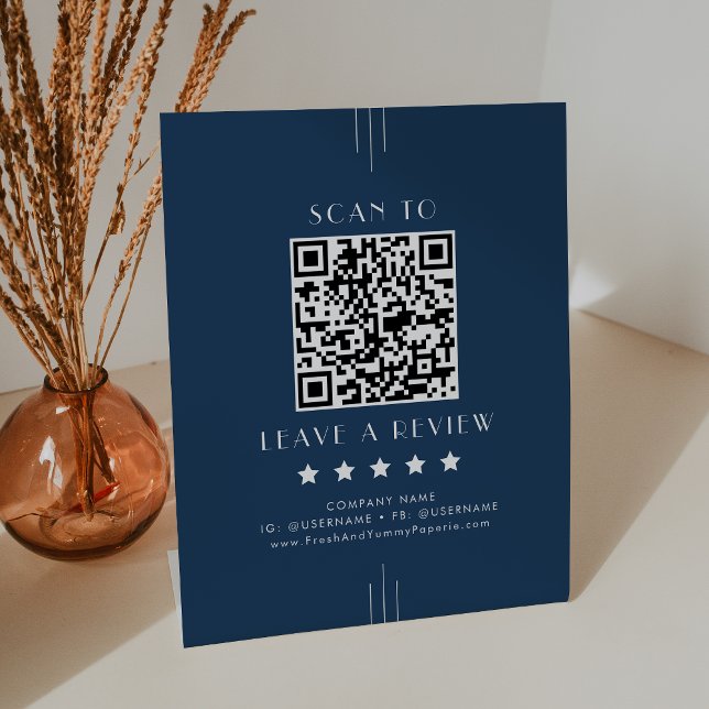 EVERLY Art Deco Navy Blue QR Code Leave A Review Pedestal Sign (EVERLY Art Deco Navy Blue QR Code Leave A Review Pedestal Sign)