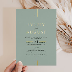 EVERLY Art Deco Sage Green and Gold Foil Wedding Invitation