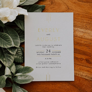 EVERLY Art Deco White Black and Gold Foil Wedding Foil Invitation