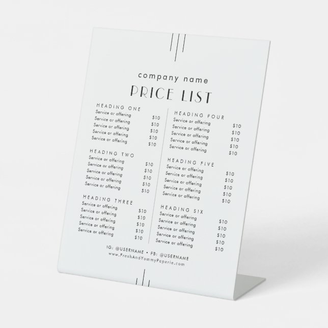 EVERLY Art Deco White Business Services Price List Pedestal Sign (Front)