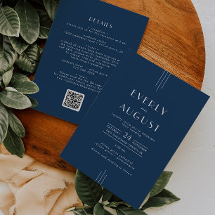 EVERLY Classic Art Deco Navy Blue QR Code Wedding Invitation