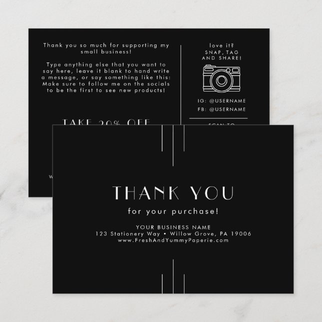 EVERLY Dark Black Small Business Thank You Order Enclosure Card (Front/Back)