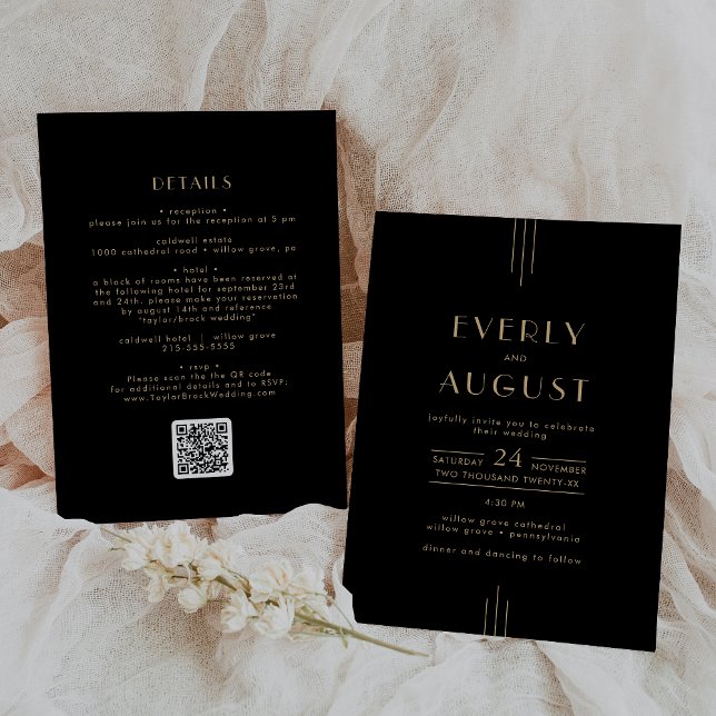 EVERLY Elegant Art Deco Black Gold QR Code Wedding Invitation (EVERLY Elegant Art Deco Black Gold QR Code Wedding Invitation)